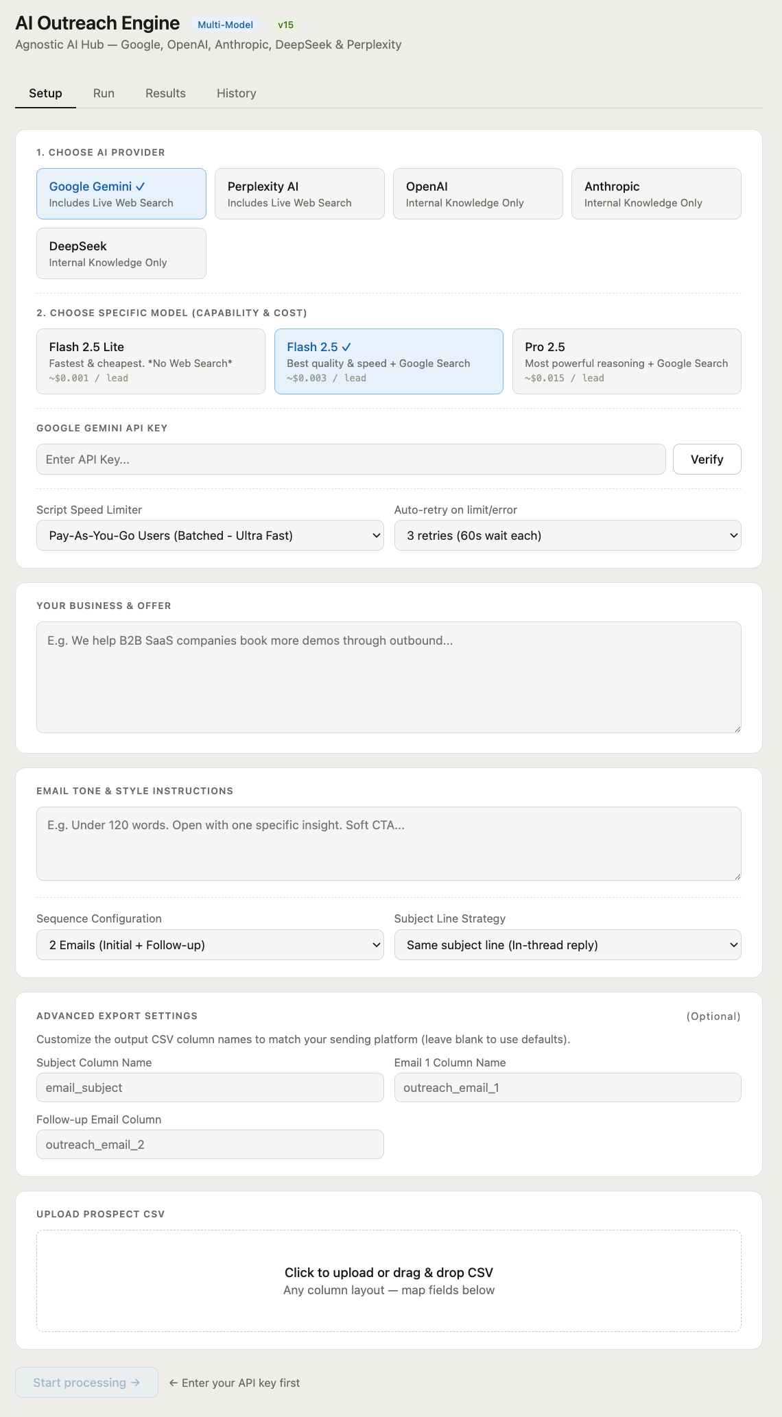 Upload Apollo CSV into the AI cold email generator — drag and drop cold email automation tool interface